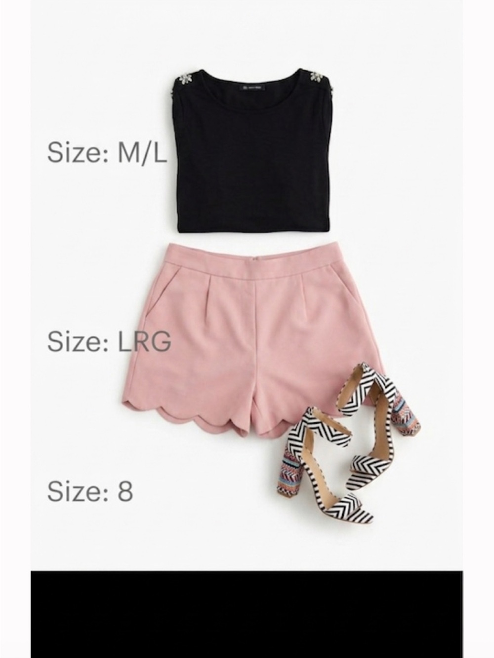 Ee:some Scalloped Hem Pink Satin Shorts nwt with Black Top chunky heel Inc shoe
